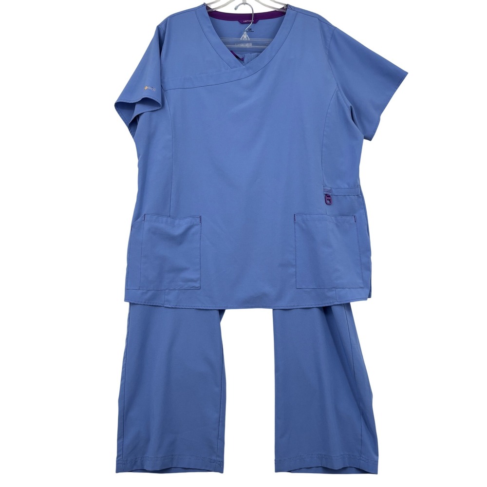 Carhartt Force Cross-Flex Scrub Top Pants Set Size 2X Blue V-Neck Cargo Pockets